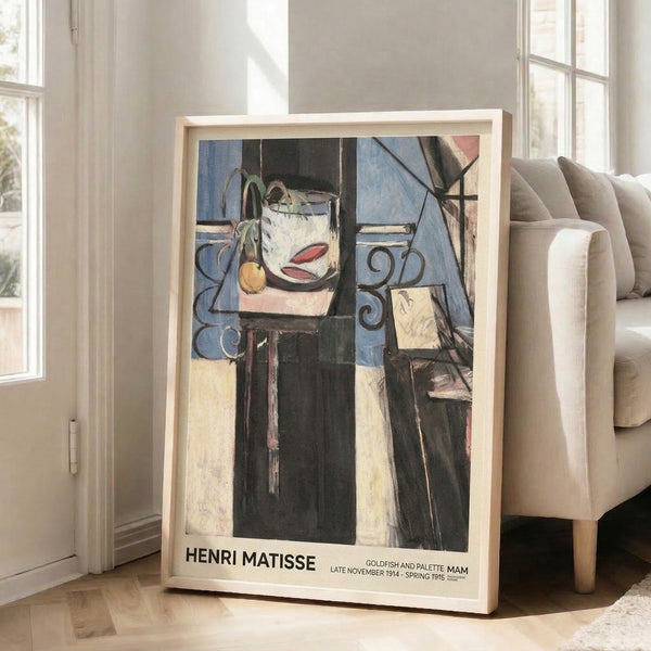 Modern art print featuring red goldfish, artist palette, and botanical elements in a geometric composition using blue, black, and cream palette.