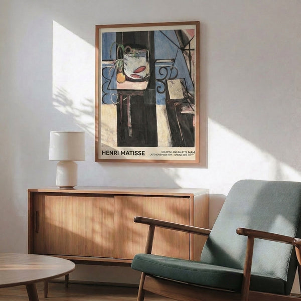Framed contemporary art showing goldfish with painter's palette in sophisticated color scheme of blues, reds, and creams with Art Nouveau style.