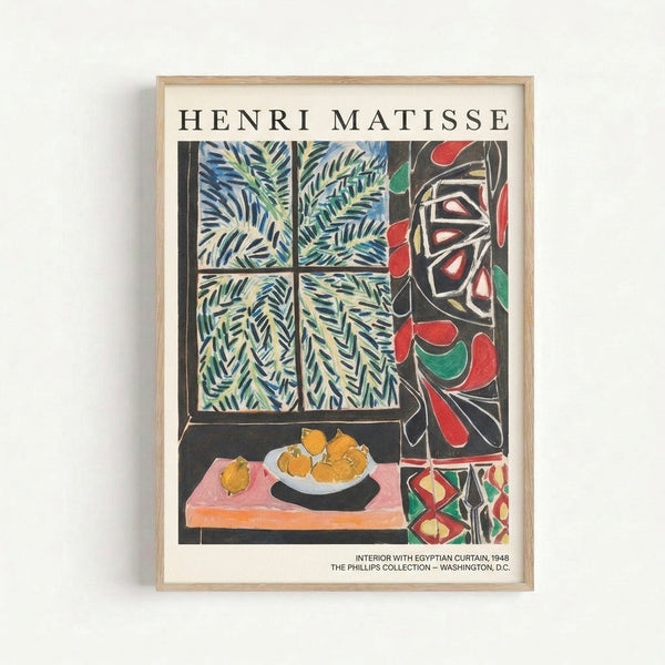Wall art print showcasing an intimate Matisse-inspired interior scene with ornate curtains, botanical plants, and vibrant fruit arranged in minimalist style with gold and red accents.