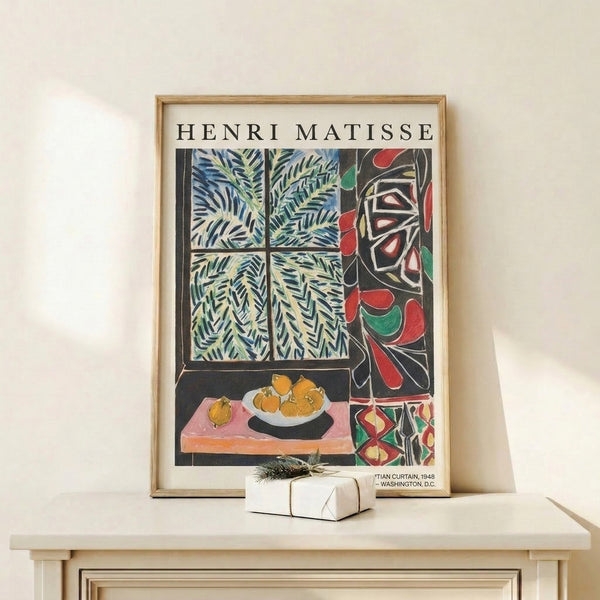 Modern art print depicting a peaceful room interior with decorative curtains, potted plants, and a fruit bowl arrangement in warm and cool color harmony of cream, red, and green.