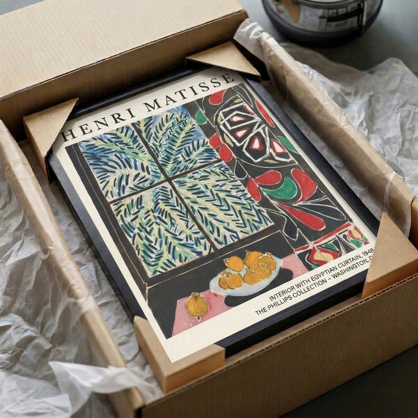 Framed modern poster presenting an elegant interior with patterned Egyptian curtain, lush plants, fresh lemons in a vessel, and intimate decorative details in sophisticated color palette.