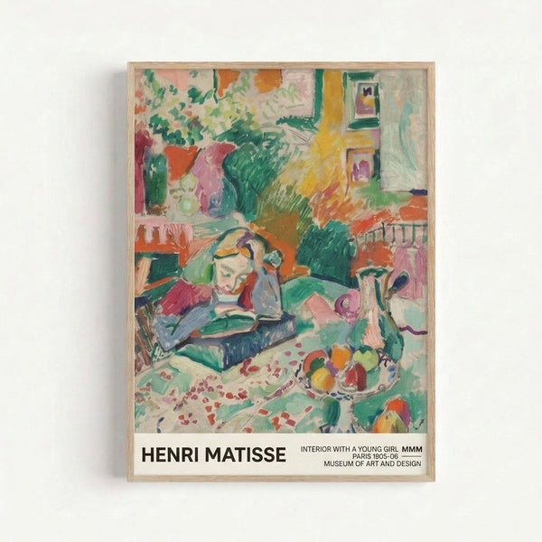 Modern art print showing an intimate domestic scene with a girl seated in a colorful room; Art Nouveau style with lavender, emerald, and coral tones creating a joyful, peaceful atmosphere.