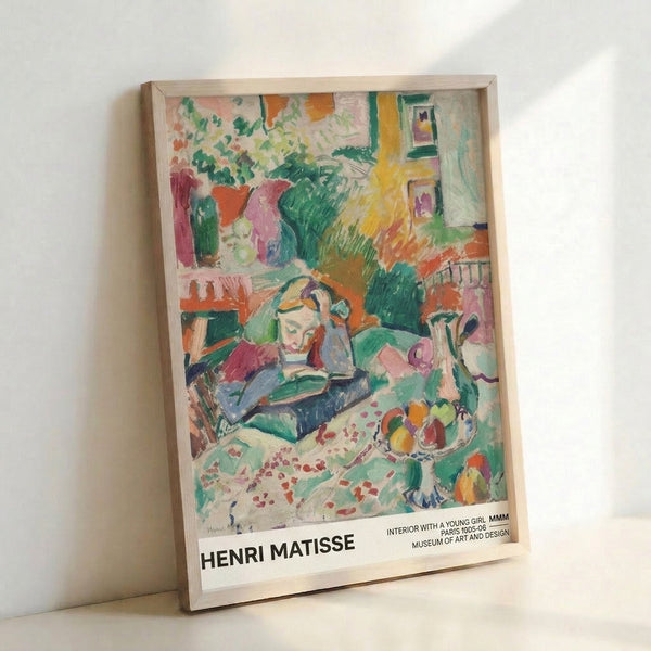 Vibrant framed artwork capturing a girl in an interior space surrounded by floral arrangements and fruit on a table, with bold emerald and yellow hues against soft pink and lavender accents.