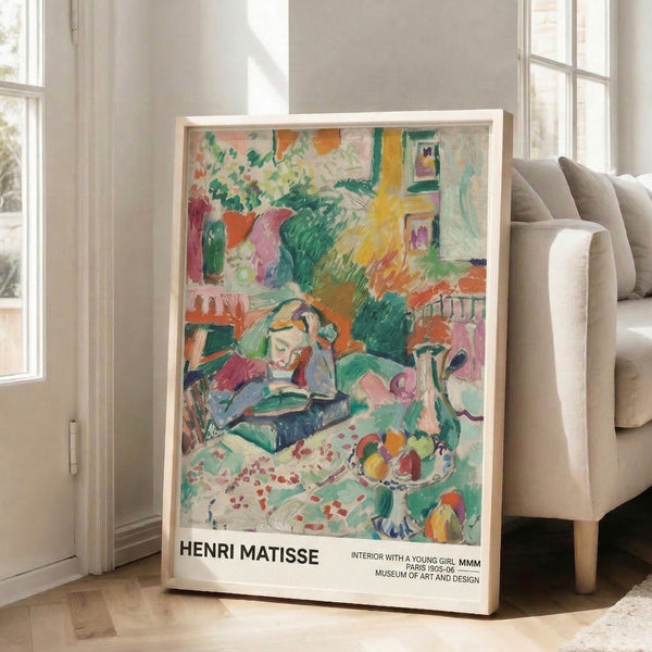 Joyful interior scene poster featuring a young girl in a furnished room with window light, flowers, and fruit; vivid color palette of greens, warm yellows, and coral in modern decorative style.