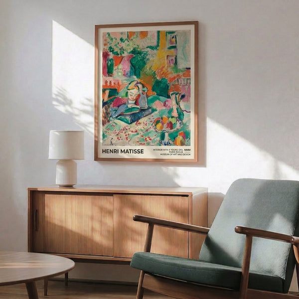 Modern art poster showing an intimate moment of a girl in a warmly decorated room with blooming flowers and fruit; rendered in vibrant emeralds, warm yellows, and gentle lavender hues.