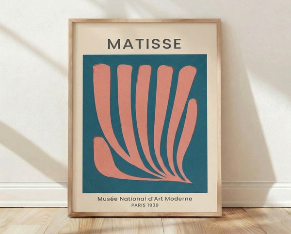 Minimalist modern art poster featuring an abstract open hand in teal blue and coral pink on cream background, inspired by Matisse and Bauhaus design principles.
