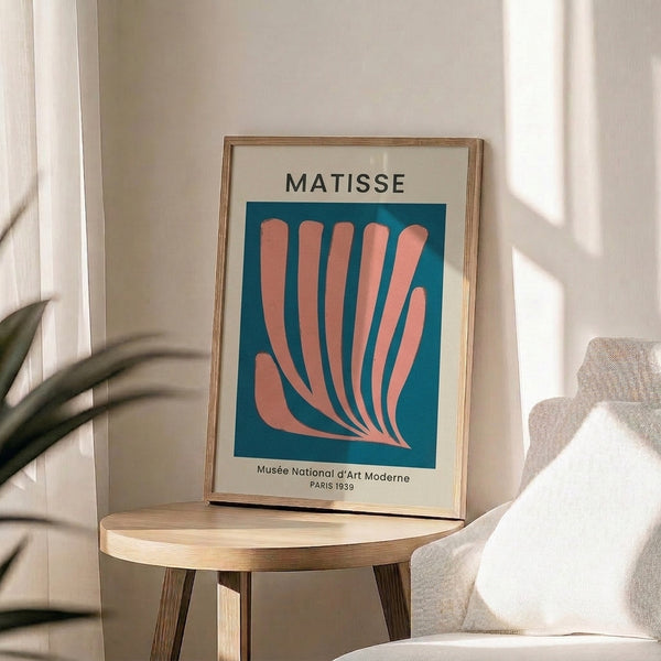 Refined Bauhaus poster art with abstract palm composition in sophisticated teal blue, coral pink, and cream tones.