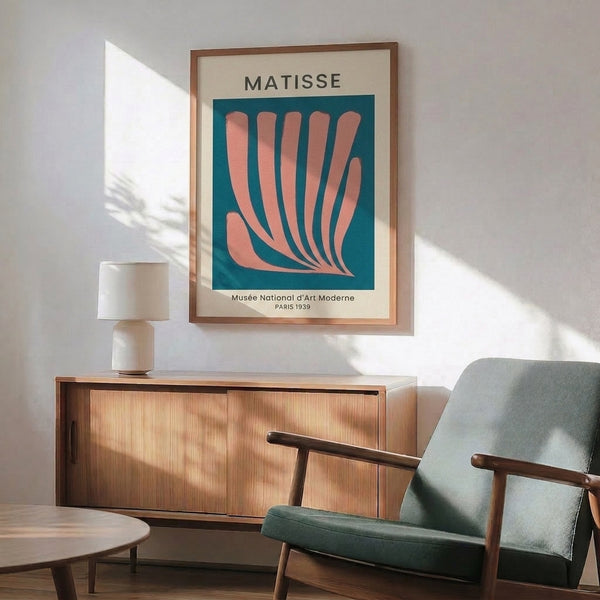 Stylized hand silhouette poster in cool teal and warm coral with cream background, museum exhibition quality print in modernist tradition.