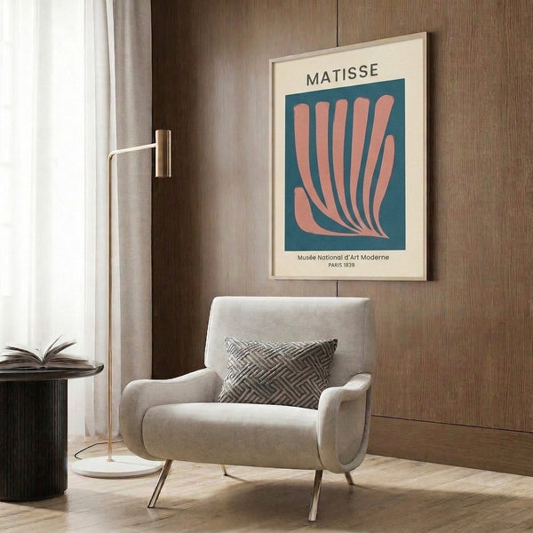 Contemporary Matisse-style art print with minimalist open palm motif rendered in sophisticated charcoal, teal, and coral palette.