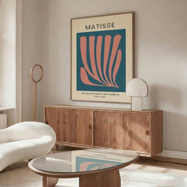 Elegant abstract hand gesture framed as wall art, Bauhaus-inspired with refined color composition of cream, teal blue, and coral pink.