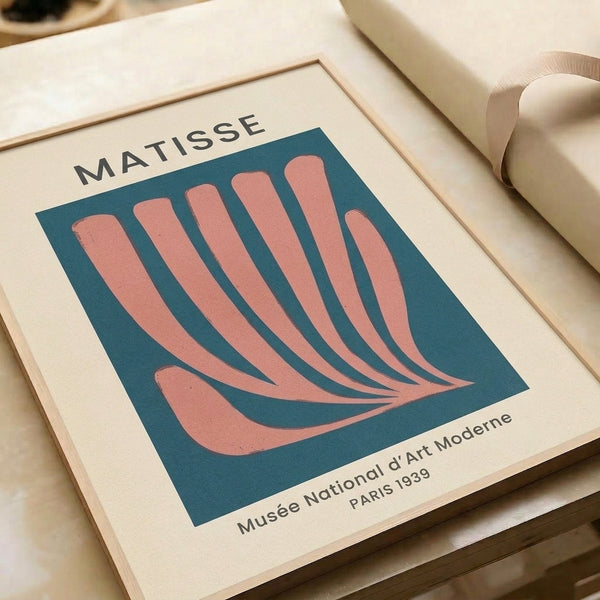 Refined modernist poster depicting an expressive palm form in muted charcoal and coral against teal blue and cream minimalist background.