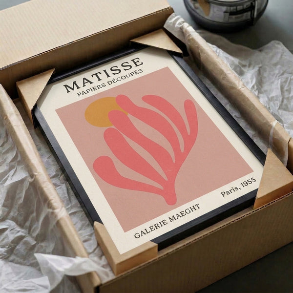 Serene mid-century modern framed poster with organic leaf form in dusty rose and warm gold palette, minimalist refined design.