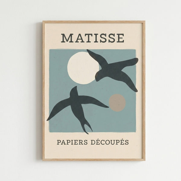 Mid-century modern art print featuring geometric bird and celestial forms in soft whites and muted blues, creating an elegant minimalist composition.