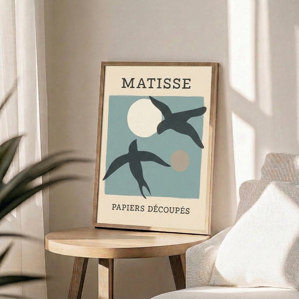 Vintage-style abstract poster featuring stylized bird and moon elements in soft dusty blue and cream tones, ideal for contemporary minimalist interiors.