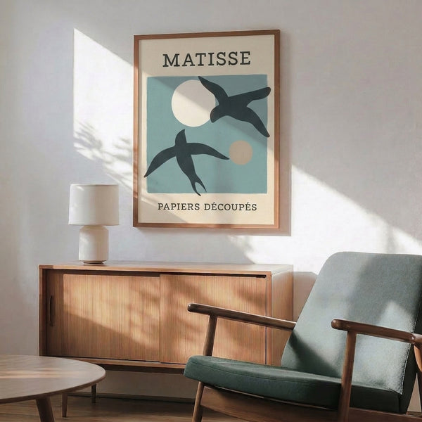 Mid-century modern wall poster with abstract bird and celestial imagery in cool dusty blue and soft neutrals, capturing minimalist elegance.