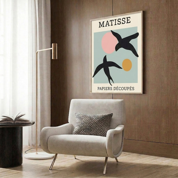 Framed modern bird composition using geometric and circular shapes in soft sage green, ochre, cream, and black—playful yet refined Bauhaus-influenced wall art.