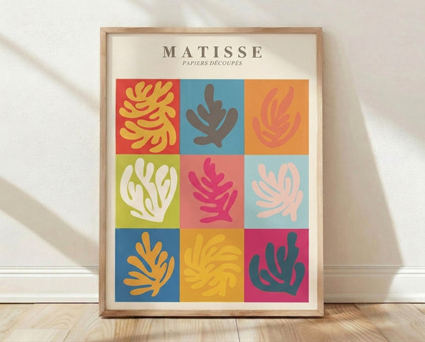 Vibrant Matisse-inspired poster featuring an abstract grid of colorful papier découpé shapes in coral red, golden yellow, sky blue, and chartreuse, evoking playful plant and seaweed forms.