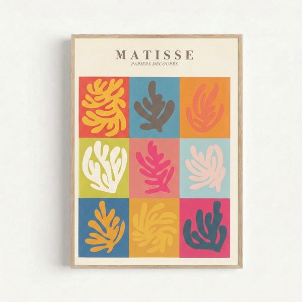 Joyful modern art print with a composition of cut-paper style organic shapes in warm coral and cool blues, arranged in a grid pattern reminiscent of Matisse's iconic paper collage technique.