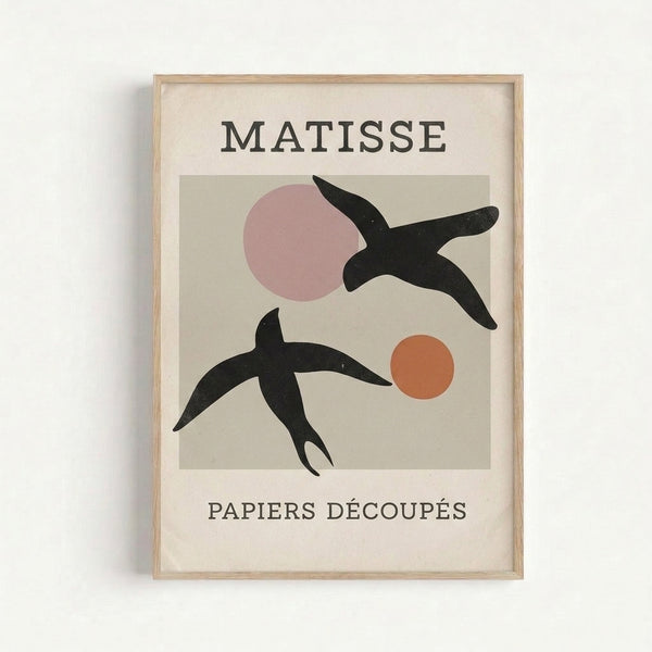 Abstract bird composition with geometric circles and organic forms in a sophisticated palette of beige and dusty rose tones.