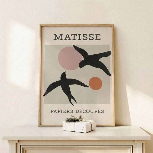 Framed minimalist poster depicting an abstract bird silhouette in cream and terracotta against a soft, contemplative background.
