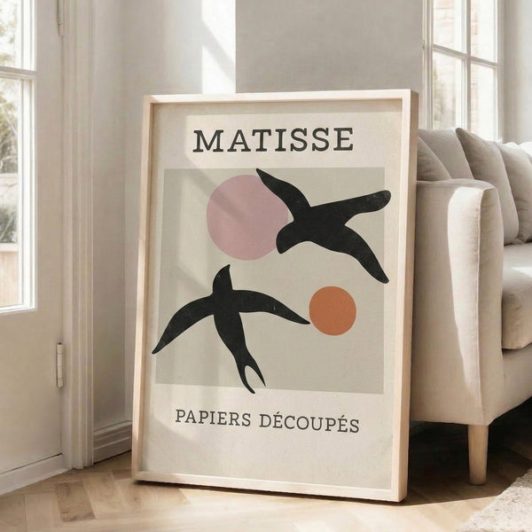 Modern decorative print featuring a simplified bird form with circular elements in muted earth tones and black accents.