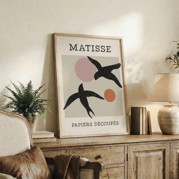 Art Nouveau-inspired bird poster with cut-out shapes in a sophisticated palette of cream, dusty rose, and warm terracotta.