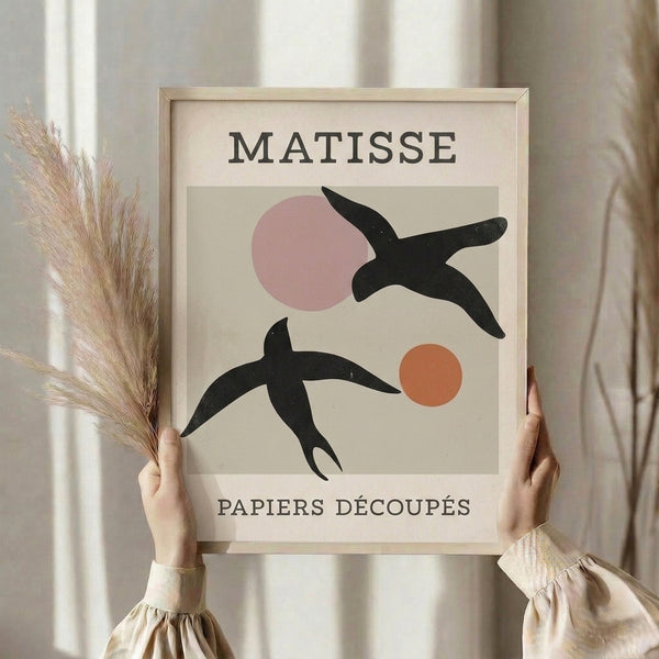 Minimalist framed poster of a stylized bird figure with playful circular motifs in cream and terracotta tones.