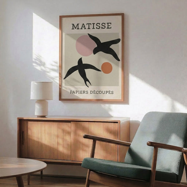 Modern art print featuring an organic bird shape rendered in sophisticated cut-paper style with muted color blocking.