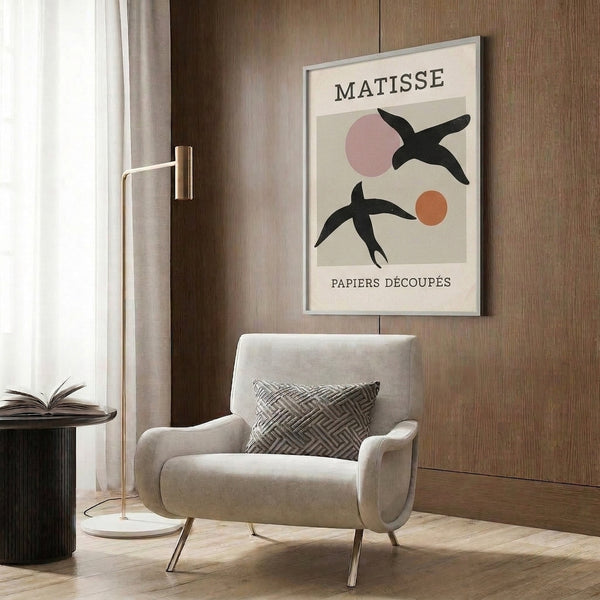 Japandi-style abstract bird composition with minimalist forms in cream, black, dusty rose, and beige on a gallery poster.