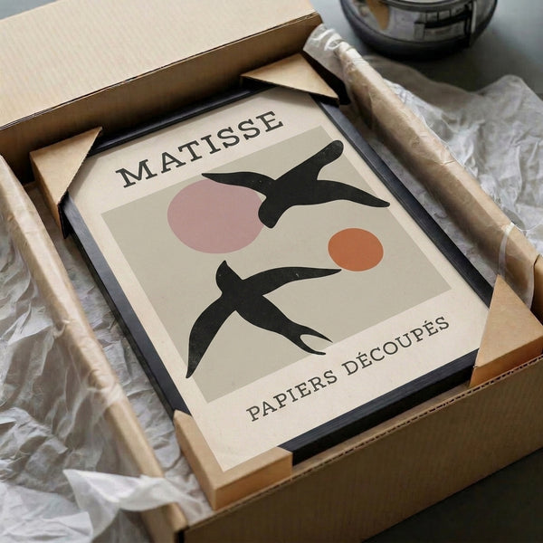 Contemporary bird poster featuring playful abstract shapes inspired by Matisse's cut-outs in cream, terracotta, and muted rose.