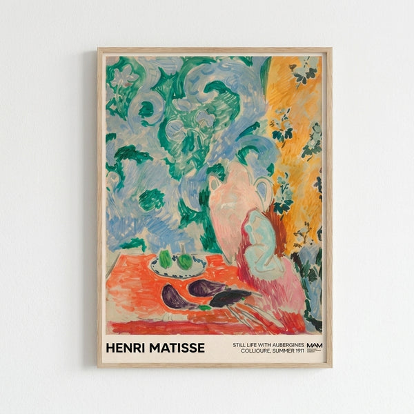 Modern art print showing a harmonious composition of vegetables and ceramic pitcher in coral red, golden yellow, and pale pink against lush green background.