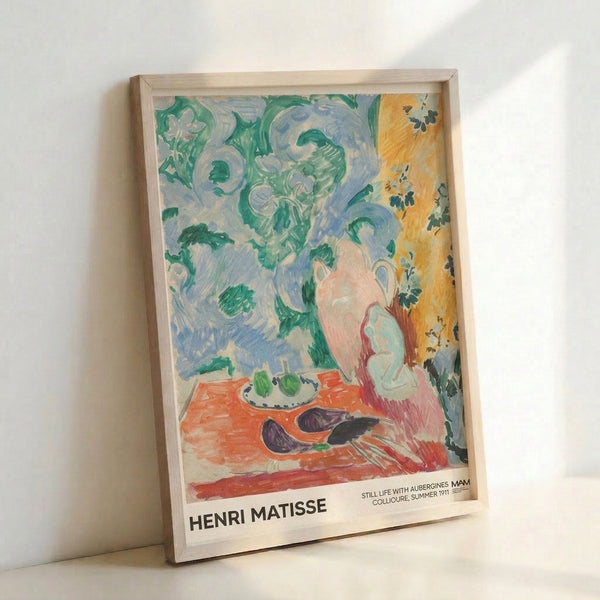 Joyful still life artwork with eggplants, tableware, and botanical elements rendered in bold Matisse style with rich emerald and golden hues.