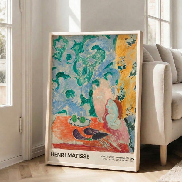 Contemporary still life print featuring layered vegetables and dishware in a harmonious palette of emerald green, soft blue, coral red, and golden yellow.