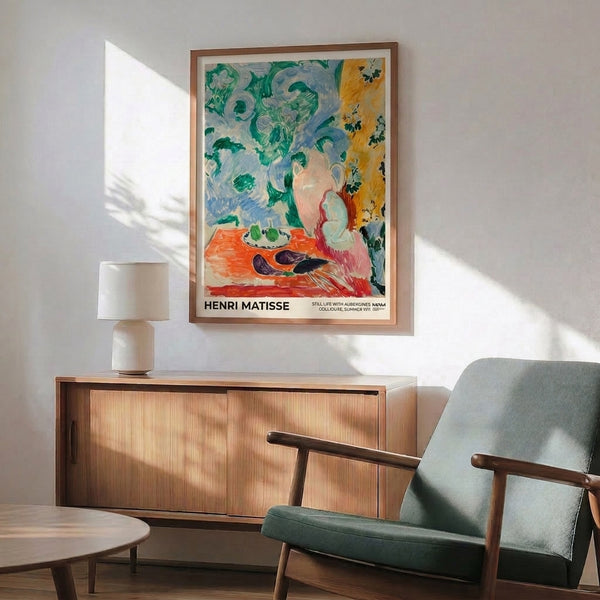 Vibrant poster art displaying Matisse-style vegetables, pitcher, and window view with joyful interplay of pale pink, emerald, and coral tones.