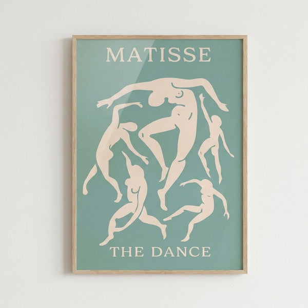 Abstract dancer figures in seafoam green and cream tones, framed modern art print inspired by Matisse's rhythmic composition.