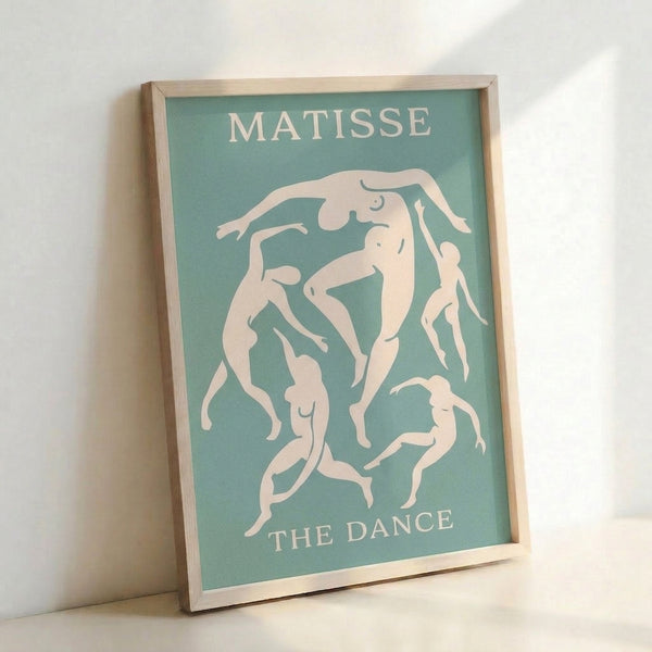 Minimalist wall art depicting graceful dancing figures in soft seafoam, cream, and white palette with energetic movement.