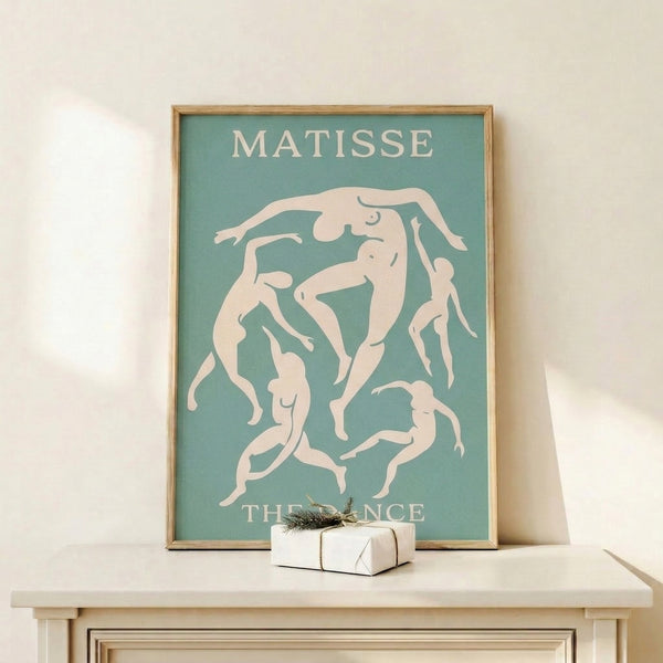 Art Nouveau inspired poster showing abstracted human dancers in seafoam green and cream, conveying joyful rhythm and elegance.