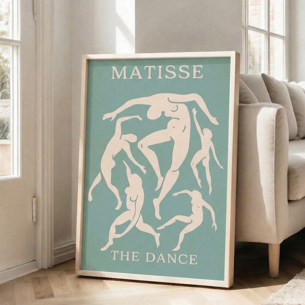 Framed modern print of stylized dancers in seafoam and cream tones, capturing the fluid grace of Matisse's iconic movement study.