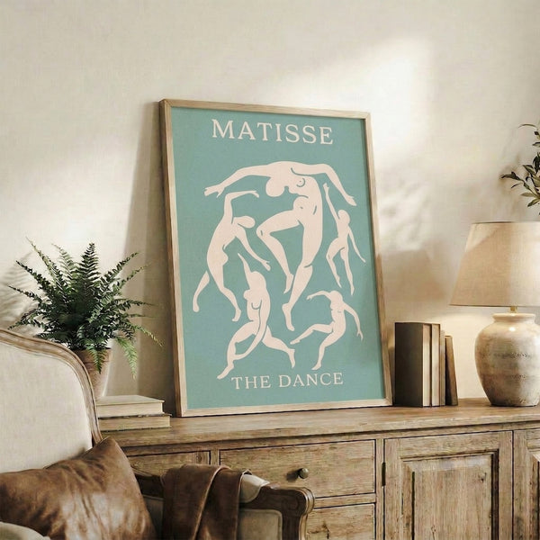 Contemporary art poster featuring abstract figures in motion against a cream and seafoam background with dynamic, rhythmic composition.