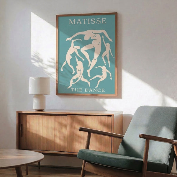 Stylized human figures in mid-dance rendered in seafoam green and cream tones, framed as contemporary minimalist wall decor.