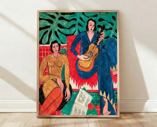 Matisse's The Music framed poster featuring a sensual woman with guitar surrounded by emerald green plants and coral accents in vibrant modernist style.