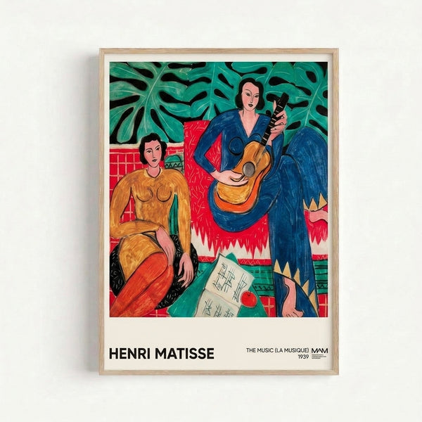 Abstract art print of a musician with guitar amid deep blue and golden ochre tones, embodying joyful artistic spirit in Matisse's signature style.