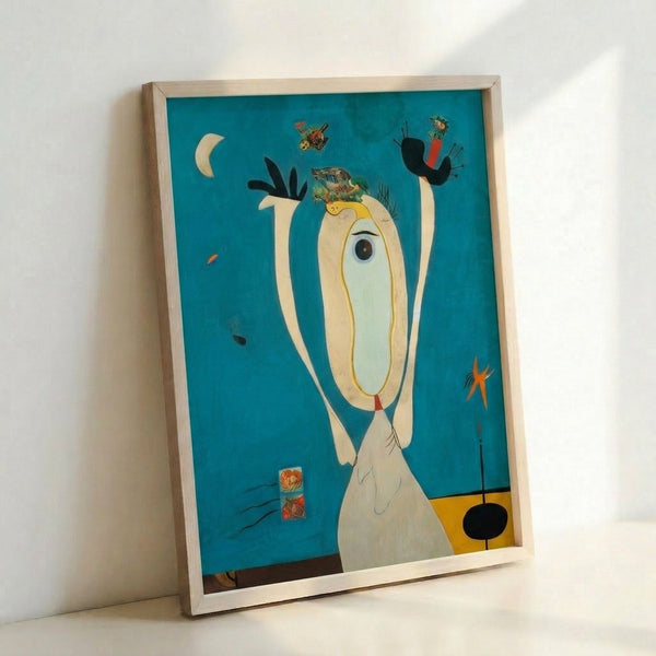 Surrealist-inspired wall art displaying interconnected abstract figures in black, warm red, and off-white, suggesting fluid transformation.