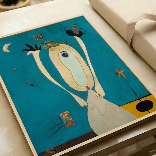 Framed abstract surrealist print with interlocking curved forms in black, burnt sienna, and cream, exploring themes of artistic transformation.
