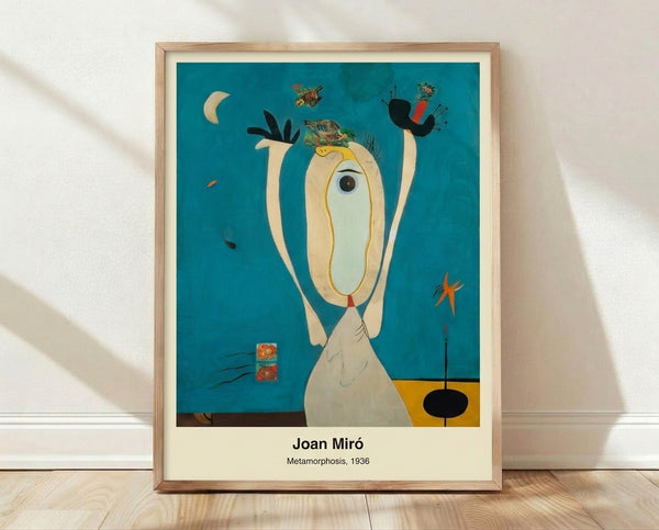 Abstract surreal poster featuring organic biomorphic shapes in blue, red, yellow, black and white on a framed wall display.