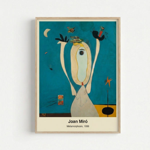 Playful dreamlike artwork with bold abstract forms and curved figures in vibrant colors, displayed as a framed modern art print.