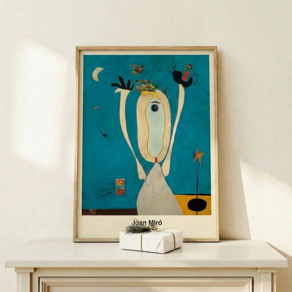 Modern abstract poster with whimsical organic figures in blue, red, and yellow creating a dynamic surreal composition.