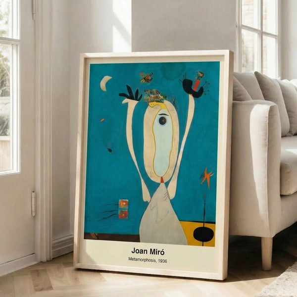 Framed contemporary art featuring abstract biomorphic forms in a playful palette of primary colors and neutral tones.