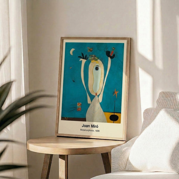 Surreal abstract wall art with flowing organic shapes and figures in bold blues, reds, yellows, and black tones.