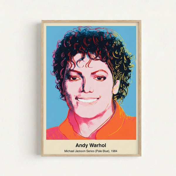 Bold pop art face portrait featuring Michael Jackson rendered in pale blue, white, and black with vibrant pink highlights.